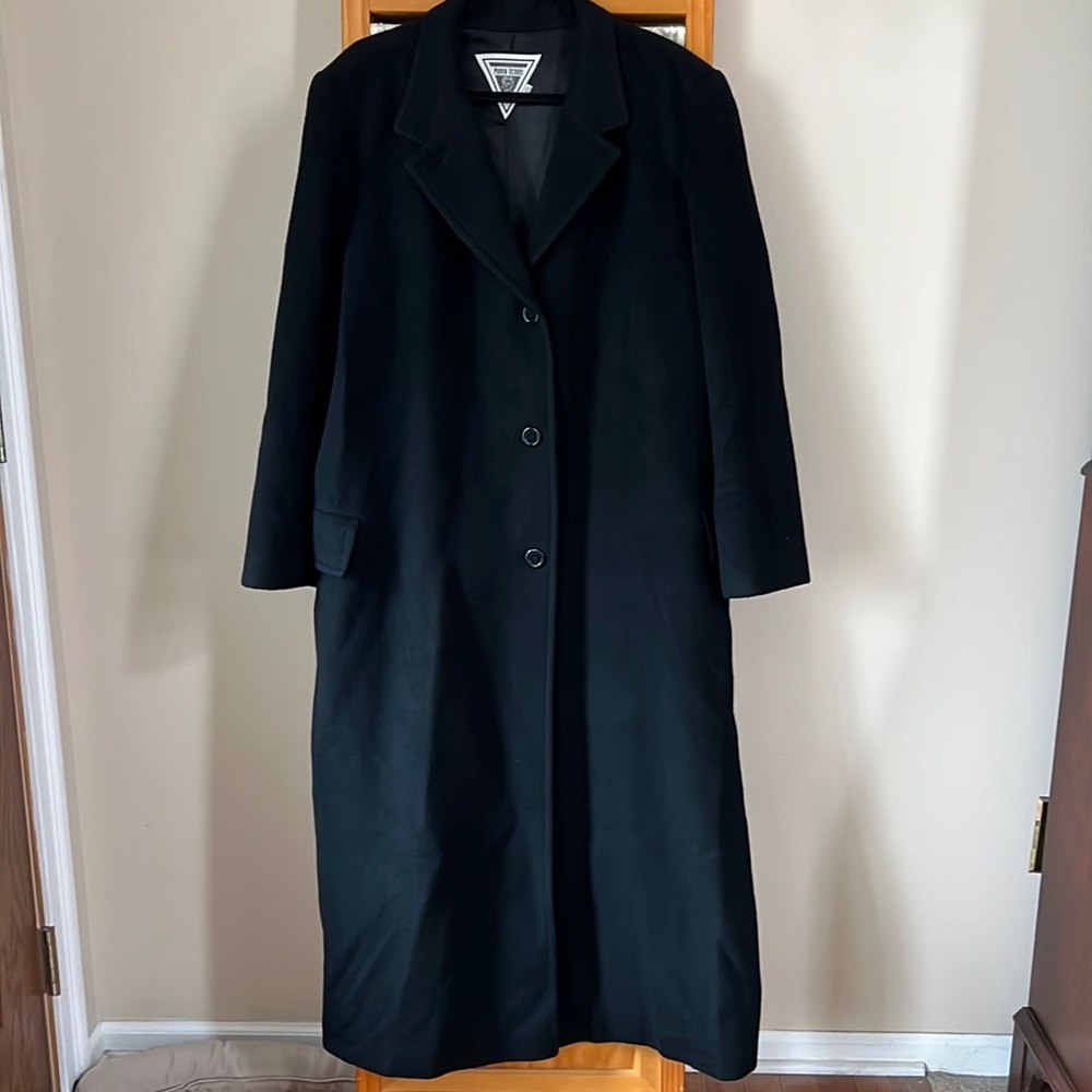 Marvin Richards Black Camel Hair Long Pea Coat, Size 14